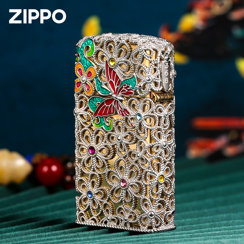 [苏宁自营]火机芝宝纯银花丝珐琅彩防风女生纤巧蝴蝶煤油zippo