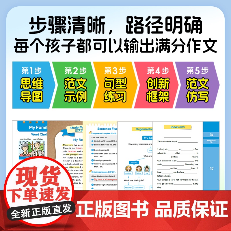 五步法写出满分小学生英语作文入门基础提高篇全3册3456年级思维导图单词积累范文示例句型练习创新框架范文仿写专享训练辅导高清大图