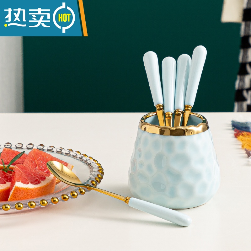 敬平水果叉子家用高端收纳罐蛋糕叉儿童果叉甜品小叉子不锈钢 【天蓝色带金边】★带6勺牙签