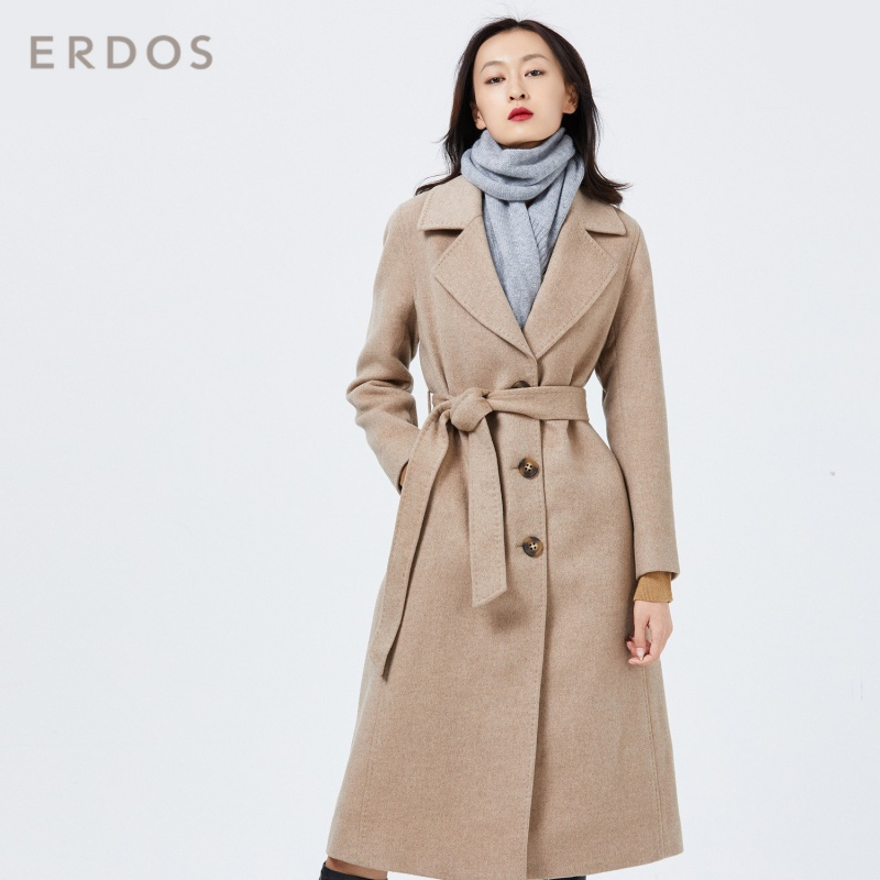 ERDOS 纯色简约翻领女士长款系带收腰纯羊绒大衣外套