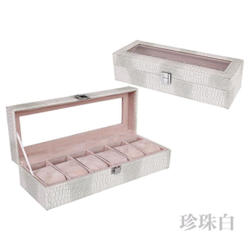 手表盒子玻璃多功能展示首饰盒时尚PU皮革佛珠手饰收纳盒带锁-白色(六座)