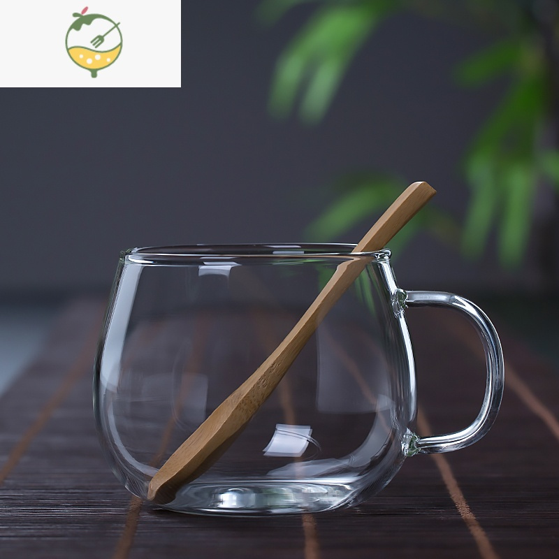 YICHENG加厚耐热玻璃杯子家用大号牛奶泡麦片早餐杯带勺带把水杯透明茶杯
