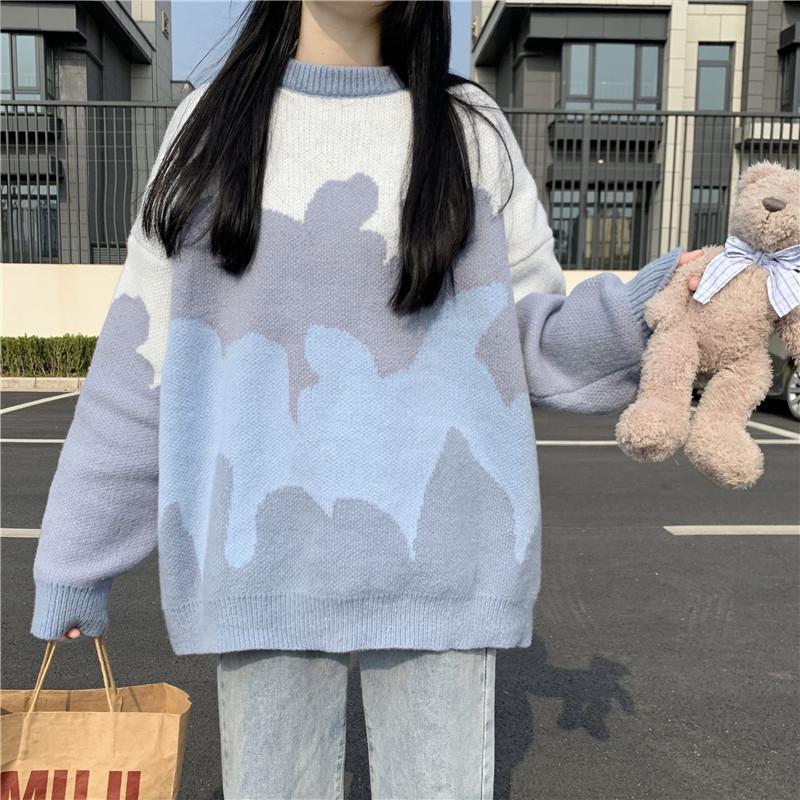 冬季保暖学院风bf圆领拼接毛衣女学生韩版宽松中长款针织衫外套潮
