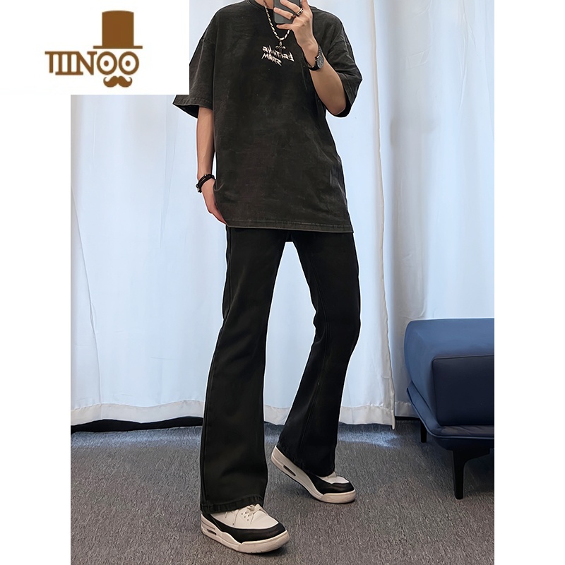 YANXUcleanfit纯黑色牛仔裤男款西海岸美式高街裤子修身弹力vibe微喇裤高清大图