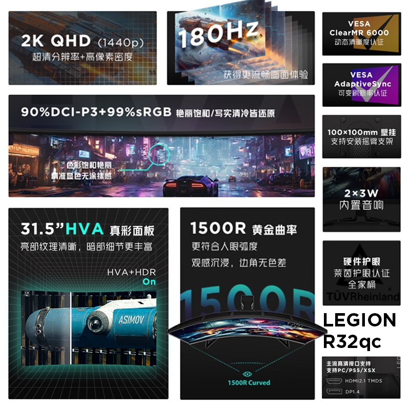 联想(Lenovo)R32qc-30 拯救者显示器 31.5英寸 2K曲面 原生180Hz 1ms 响应 低蓝光 音箱 升降旋转高清大图