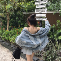 艳如飞学生大码女装200斤胖MM春秋韩版宽松显瘦网红破洞乞丐牛仔短外套大码女装