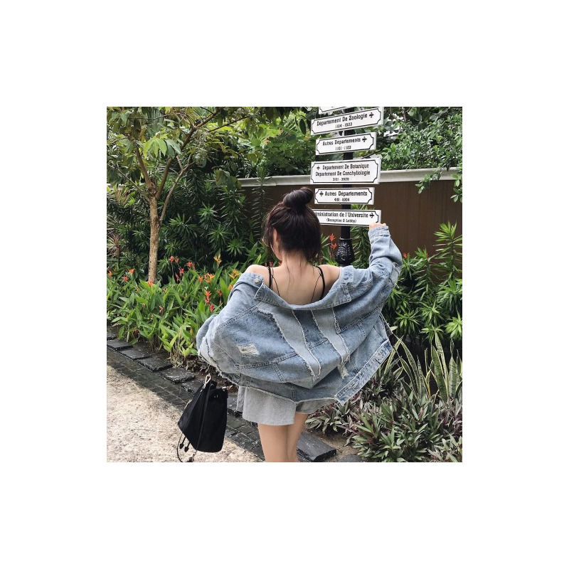 艳如飞学生大码女装200斤胖MM春秋韩版宽松显瘦网红破洞乞丐牛仔短外套大码女装