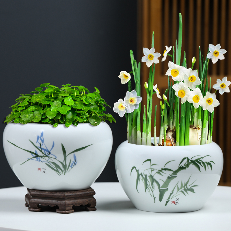 铜钱草花盆水仙盆睡莲碗莲无孔金钱陶瓷特价清仓荷花小鱼缸茶洗盆