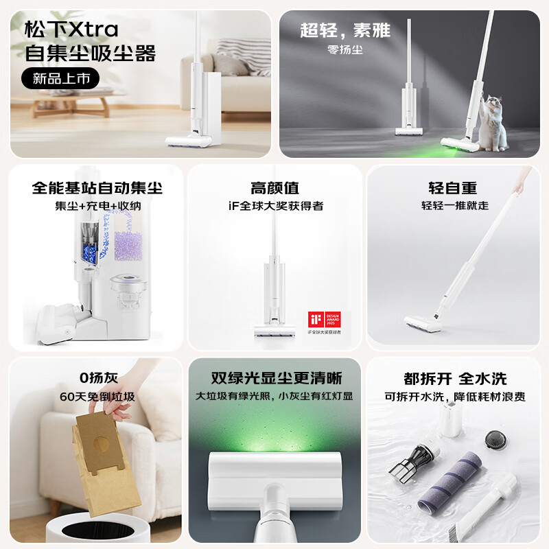 松下(Panasonic)Xtra零零吸无线吸尘器自动集尘家用大吸力手持绿光照显尘吸猫毛除尘MC-KAX1W高清大图