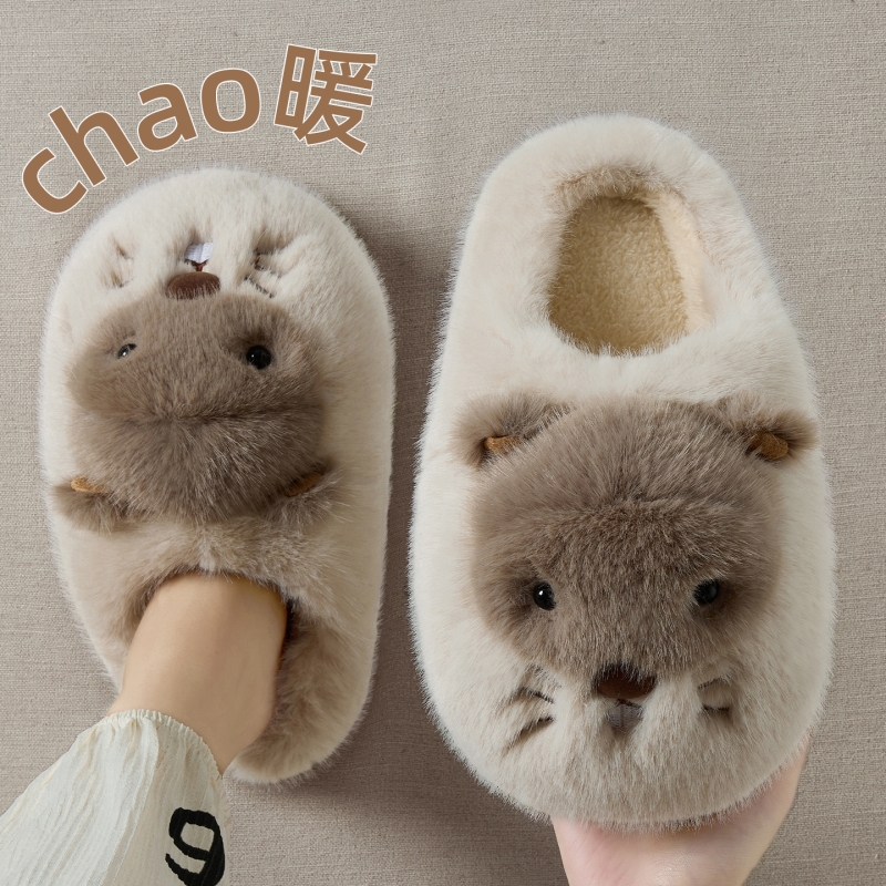 土拨鼠棉拖鞋女士2025新款秋冬季室内家居毛绒保暖厚底棉拖女冬天高清大图