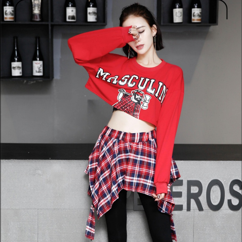 学生嘻哈街舞服装韩版爵士舞服装女宽松露脐上衣啦啦队舞台演出服