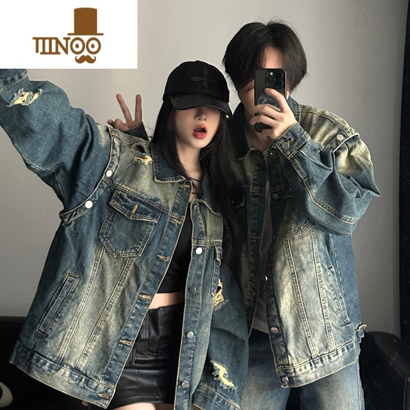 YANXU美式复古水洗做旧牛仔外套早秋情侣装设计感宽松破洞翻领夹克上衣高清大图