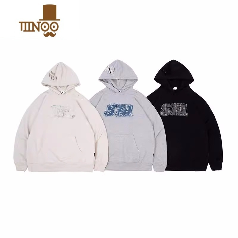 YANXUSTA国潮2023刺绣牛仔LOGO破坏连帽卫衣男女美式宽松长袖帽S高清大图