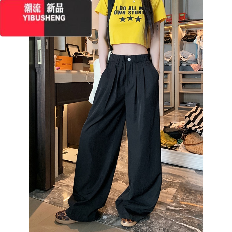 YIBUSHENG纯欲练习~纯色松紧腰休闲裤女小个子宽松阔腿裤山本裤长裤 黑色 L