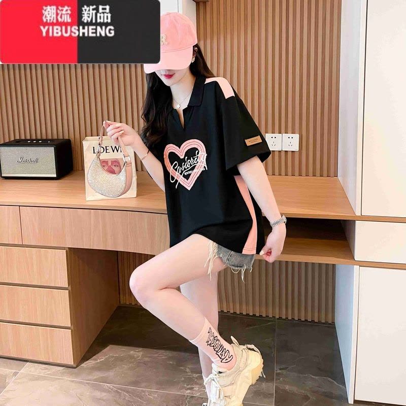 YIBUSHENG华夫格polo领短袖t恤女季2024新款大码胖mm显瘦遮肚V领上衣图片