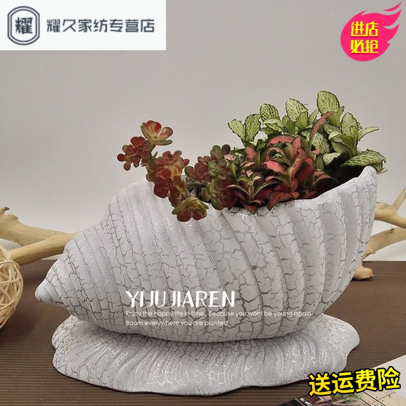 永德吉创意裂纹海螺小象陶瓷花盆带托盘园林工艺特色多肉财树花盆有NQ2541