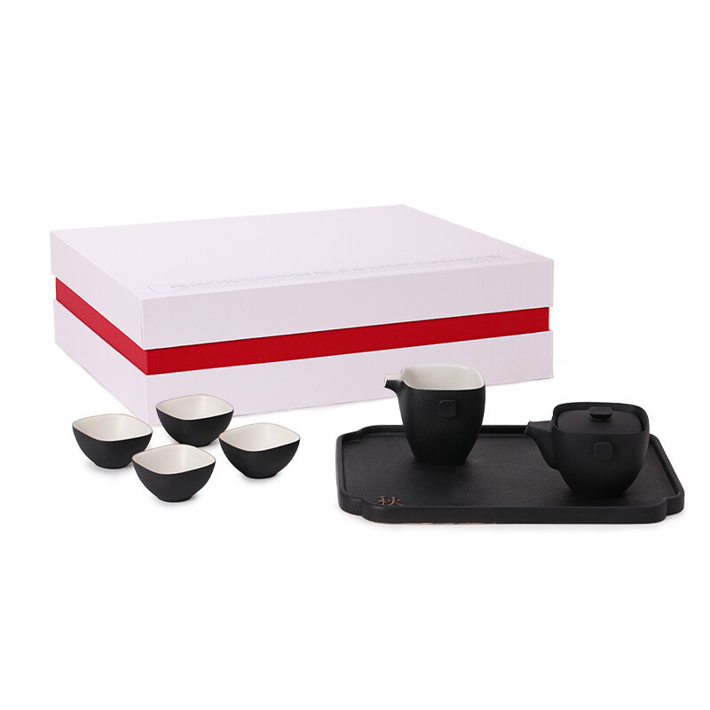 万仟堂(EDENUS)四方团圆·成套茶具黑铁釉(一壶一海一盘四杯)