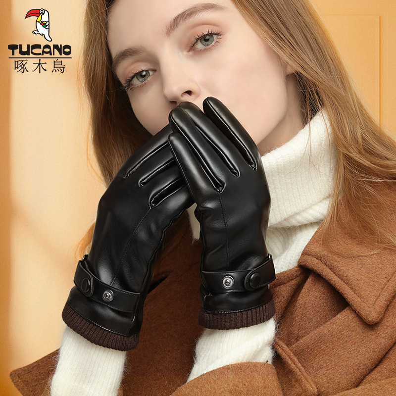 啄木鸟皮手套女冬季骑车加绒加厚防水防风触屏冬天骑行电动车保车高清大图