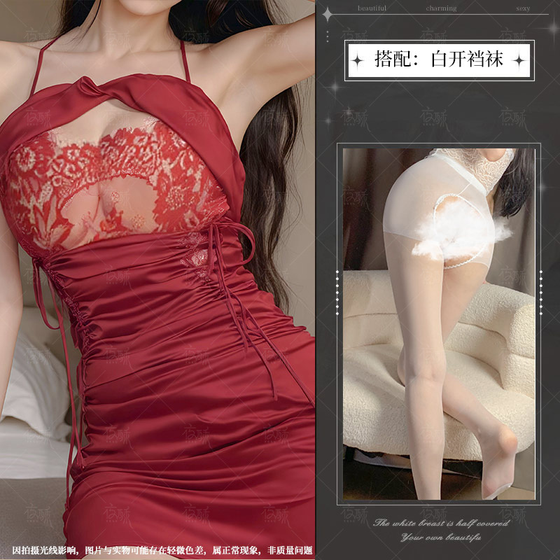 夜酥情趣内衣性感免脱床上挑逗约会战袍吊带蕾丝奶盖包臀缎面睡裙 酒红+白开裆袜 均码