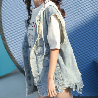 韩版夏季宽松bf牛仔马甲女学生无袖大码连帽破洞百搭洗水坎肩外套蓝灰色