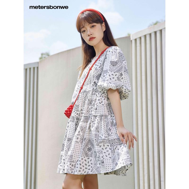 [2件2折价:79]美特斯邦威腰果花连衣裙女夏季时尚收腰泡泡袖洋气中裙女