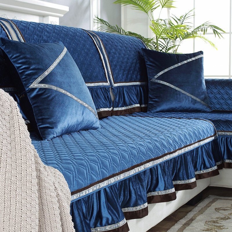 家柏饰(CORATED)毛绒沙发垫四季通用皮沙发防滑坐垫子简约现代时尚沙发套罩 暖熙-蓝色 70*210cm+花边