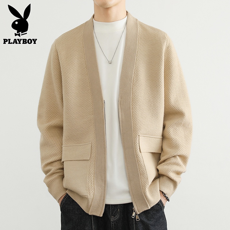 花花公子开衫毛衣男士针织衫2025年春季韩版潮流休闲灰色外套男款 CWG2408米色 3XL推荐161-190