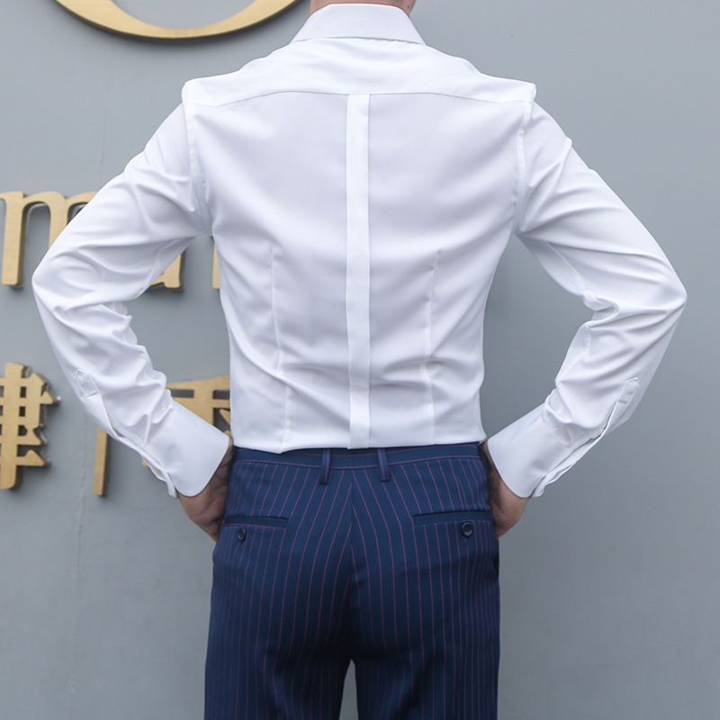 suntek睿仕先生白暗扣长袖衬衫后背折痕收腰商务职场酒店新伴郎男衬衣