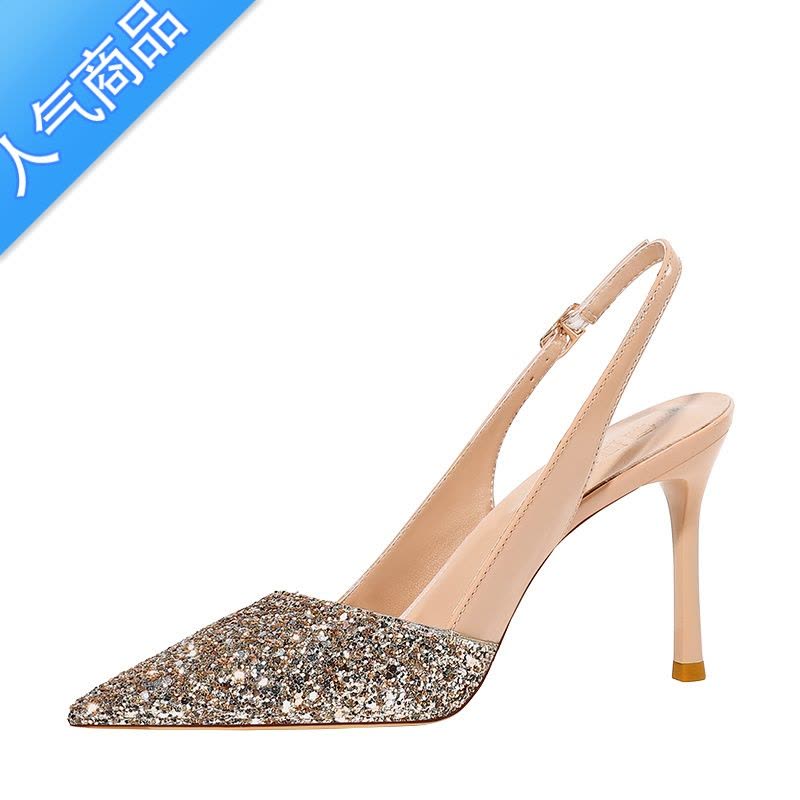 SUNTEK裸色高跟凉鞋女尖头2023年新款夏气质小众设计感单鞋细跟婚鞋图片