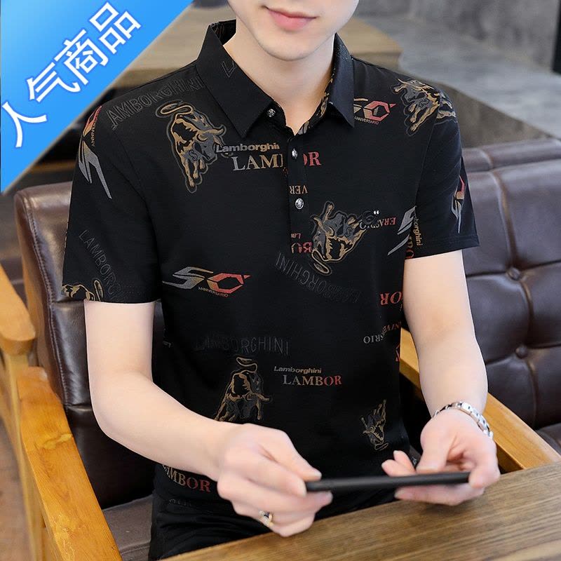 喻娄夏季冰丝短袖t恤男士韩版修身带领POLO衫潮流帅气休闲有领体恤衫T恤图片