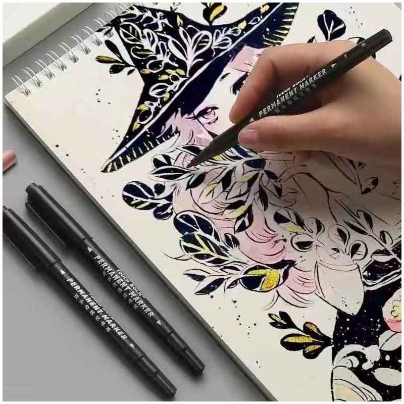 记号笔油性细头儿童绘画勾线笔黑色双头描边防水不易掉色不可擦标