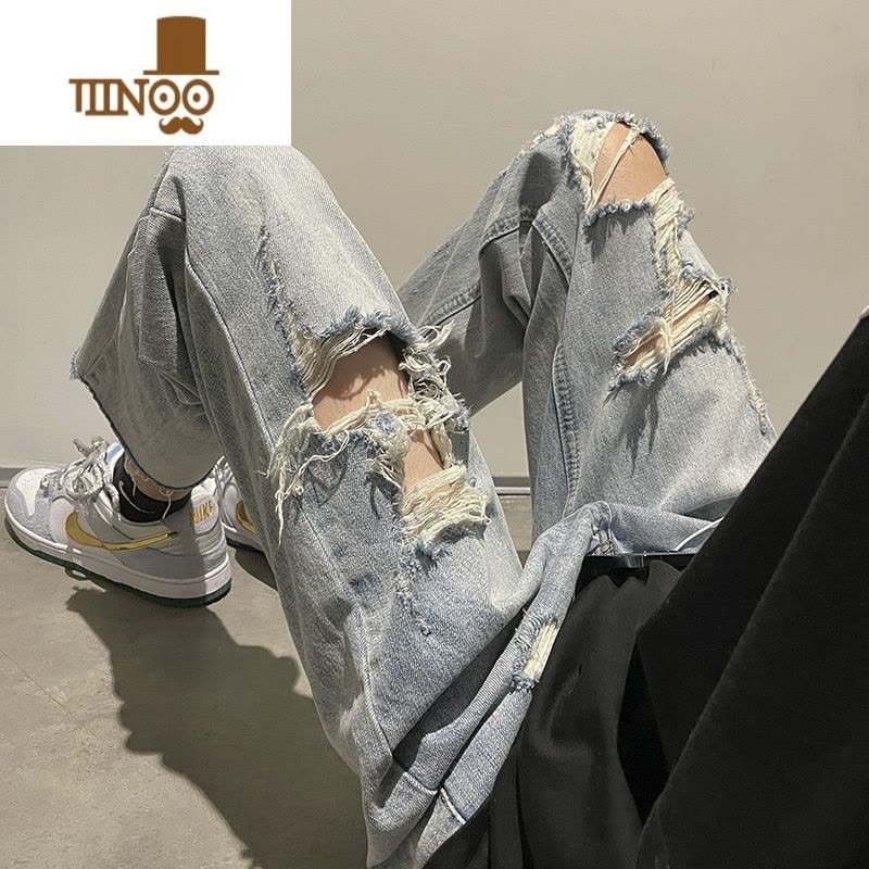 YANXU裤子潮牌男修身乞丐破洞牛仔裤男直筒宽松夏季薄款九分裤百搭男裤图片