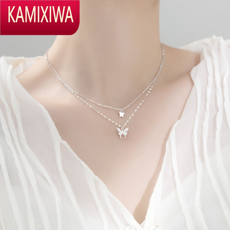 KAMIXIWA猫蛰S银双层蝴蝶项链女秋冬轻奢小众高级感锁骨链2021年新款