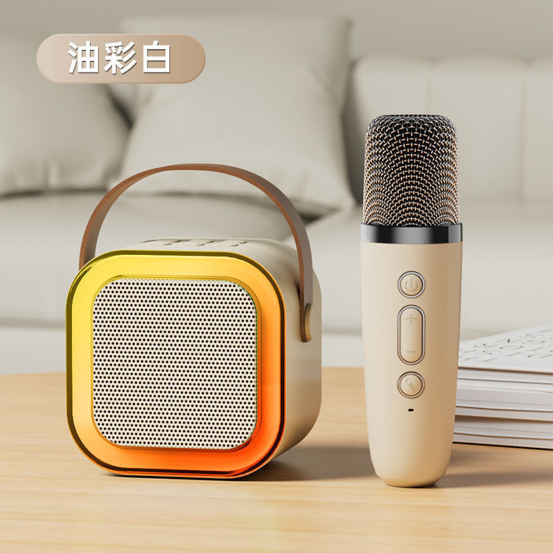 智能修音话筒音响一体麦克风歌无线蓝牙亲子家用唱歌儿童音箱套装迷你 油彩白+单麦