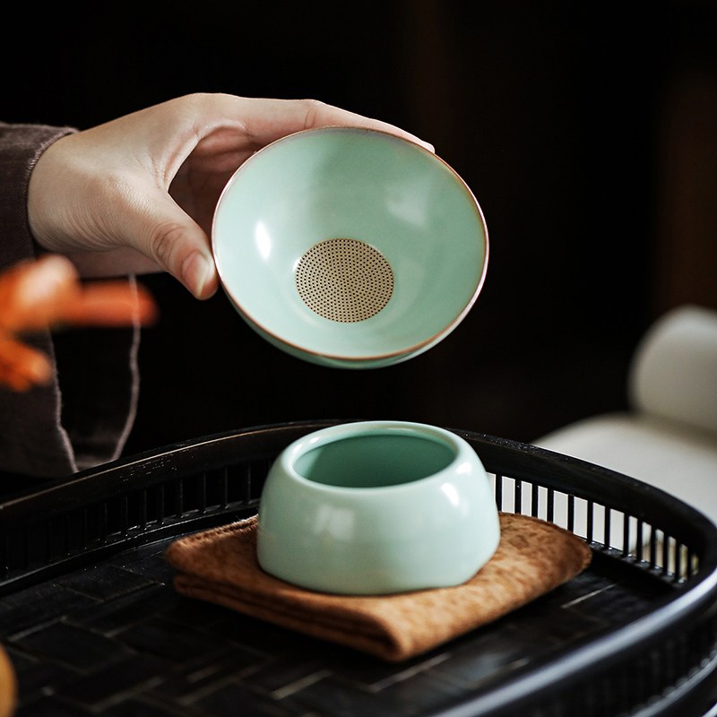 領藝 优选汝窑茶漏陶孔一体滤茶器茶叶过滤网茶具配件创意陶瓷茶隔茶滤泡茶神器 汝窑青云茶漏