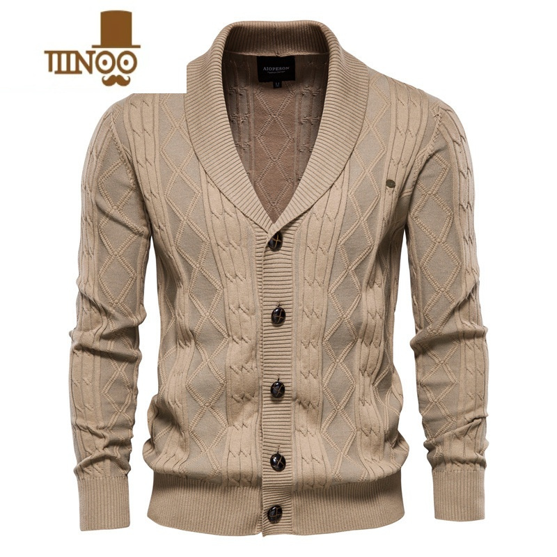 YANXU针织开衫毛衣男外套青果领棉线麻花V领男款针织衫潮复古