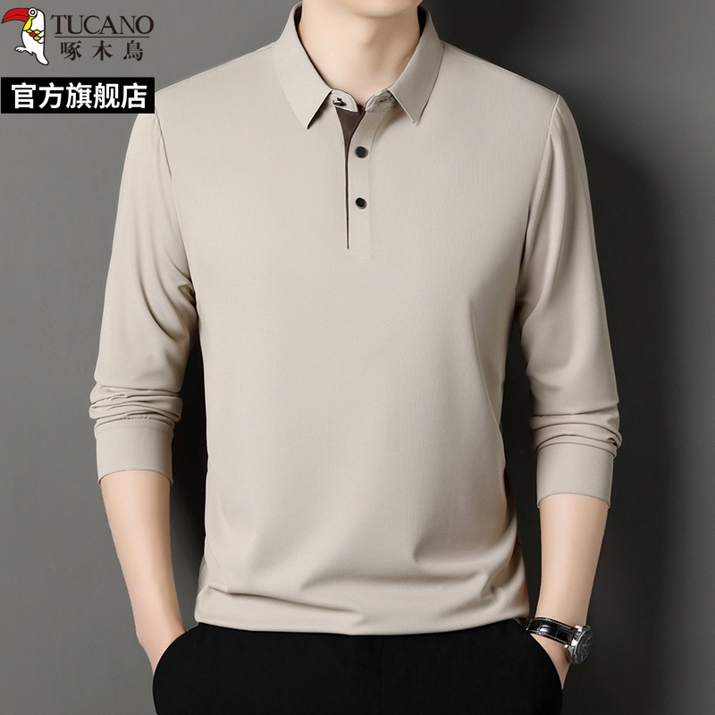 啄木鸟2025春秋季新款商务休闲长袖翻领polo衫男中年爸爸2中高清大图