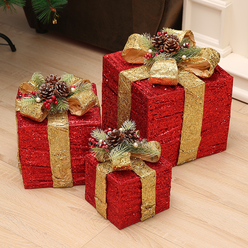 圣诞装饰品圣诞树堆头发光铁艺礼盒三件套商场酒店橱窗摆件盒圣诞礼盒