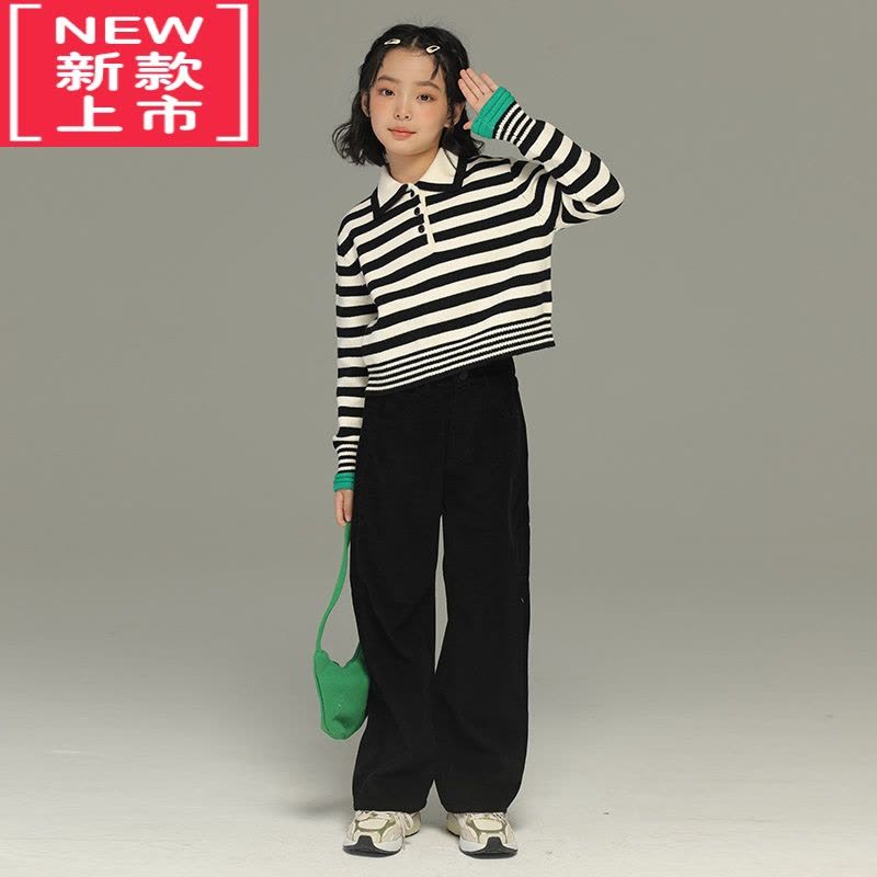可莉允女童秋冬气质条纹翻领短款毛衣儿童针织衫中大童撞色打底衫图片