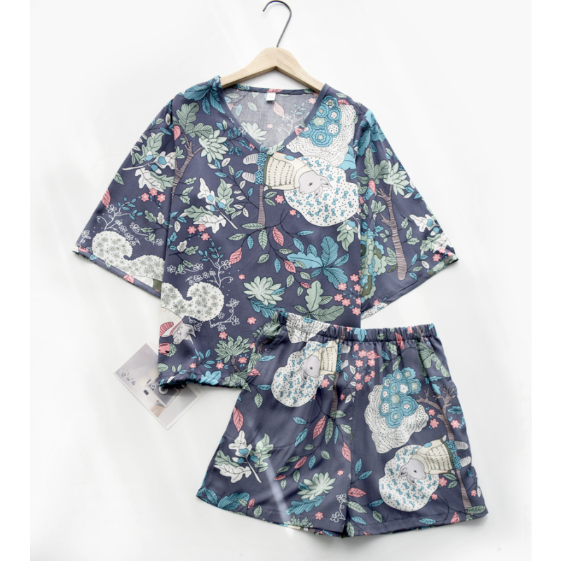 休闲宽松~人造棉家居服女夏季薄款人棉绵绸短袖短裤外穿睡衣套装
