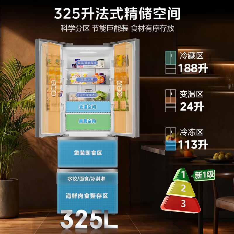 [自营]美的325L法式多门电冰箱[新国标]一级能效小户型超薄风冷无霜双变频节能净味MR-340WFPEB灰高清大图