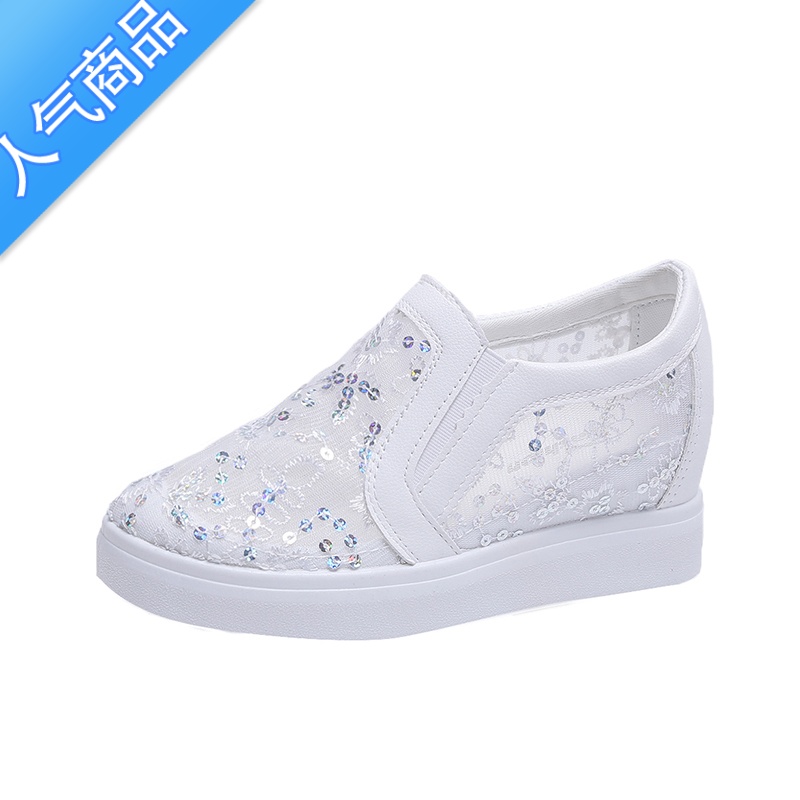 SUNTEK2020新款内增高小白鞋女夏季透气网纱坡跟单鞋网面懒人一脚蹬女鞋高清大图