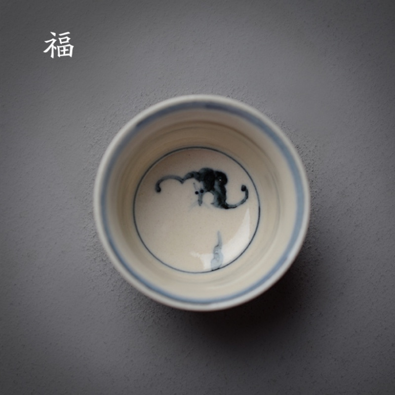 美帮汇民窑仿古青花玄纹君子茶杯木灰釉品茗杯双线瑞兽图主人杯茶盏高清大图