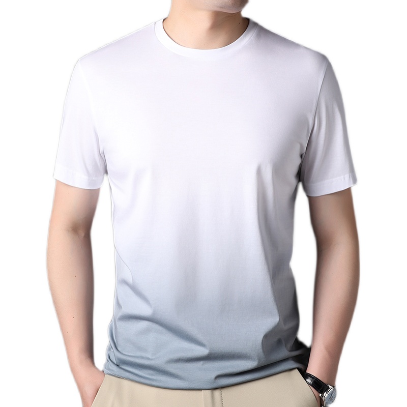 专柜夏季圆领桑蚕丝短袖t恤男薄款冰丝半袖潮流韩版男装渐变色体高清大图