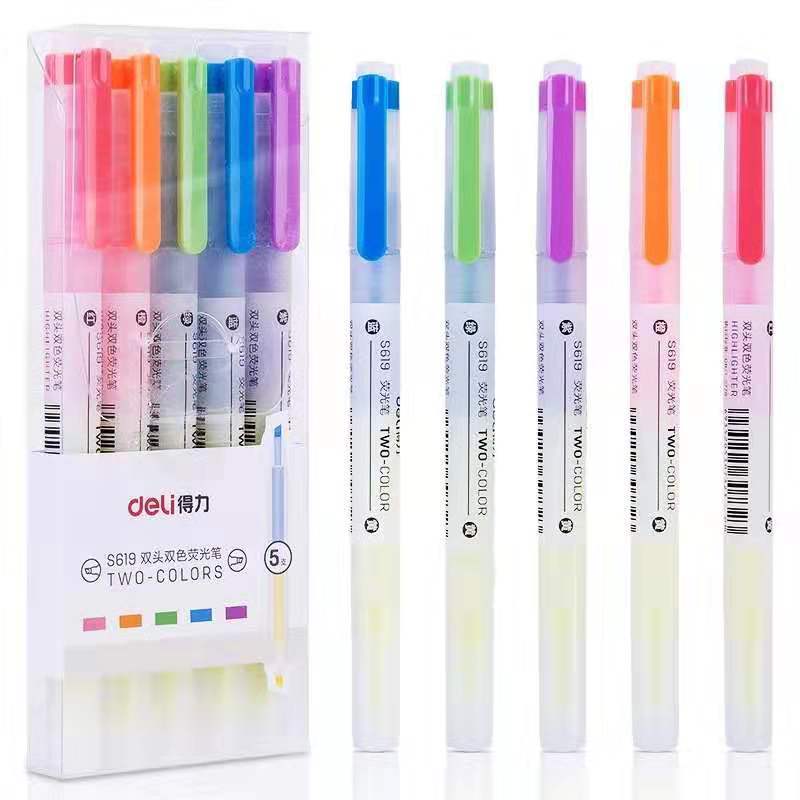 [精选]得力(deli)S619荧光笔双头 记号 笔划重点糖果色记号笔学 生用办公标注标记笔 5色装(5盒起订)