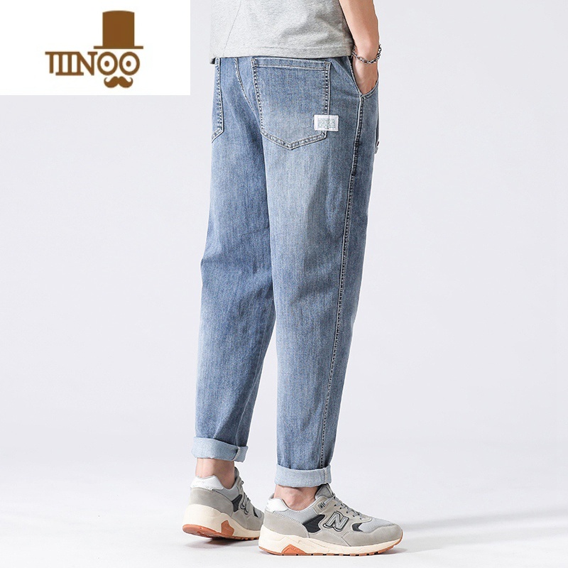 YANXU美式高街裤子男士浅色牛仔裤男夏季薄款直筒宽松潮牌九分休闲小脚高清大图