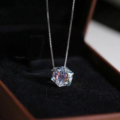 S925银方糖项链简约奥地利水晶坠女配饰项链锁骨链YWYDM76送女朋友七夕情人节礼物