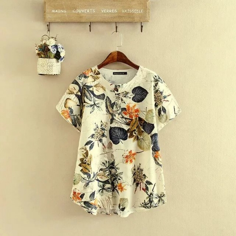 加肥大码夏季中老年女装胖妈妈宽松棉麻短袖T恤印花衬衫上衣200斤