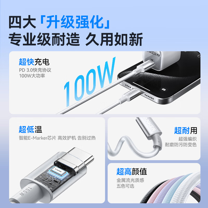安克(anker) A8756611 安克C-C数据线 (1米,100W,编织)黑色高清大图