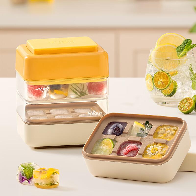 小熊冰块模具食品级按压式冰格家用硅胶带盖自制冻冰块神器储存盒 橙色-6格硅胶冰格+储冰盒+盖高清大图